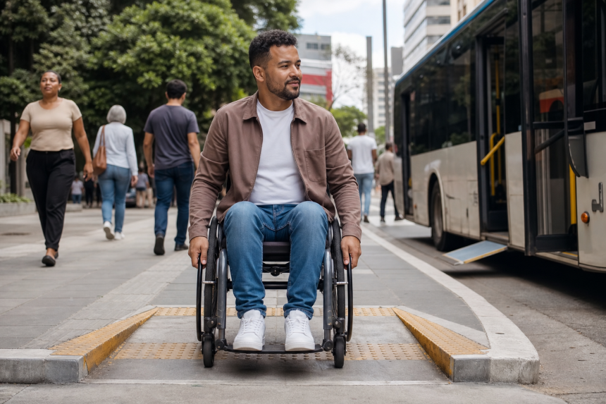 Pessoa com deficiência circula por área urbana acessível no Brasil